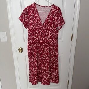Red and White Floral Midi Dress with Pockets